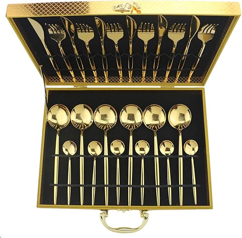 24 piezas de acero inoxidable 304 oro vajilla cubiertos con caja de oro incluye cuchillotenedorcuchara, servicio para 6, espejo pulido, apto para