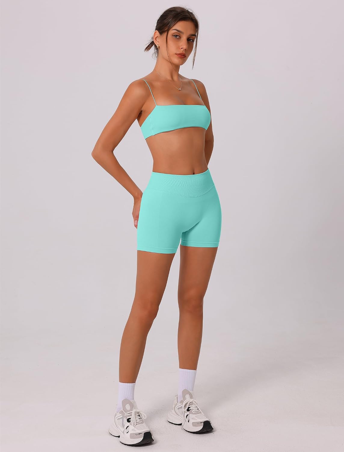 ABOCIW Workout Sets for Women Seamless Bandeau Strappy Sports Bra Scrunch Butt High Waist Biker Shorts Gym Set 2 Piece