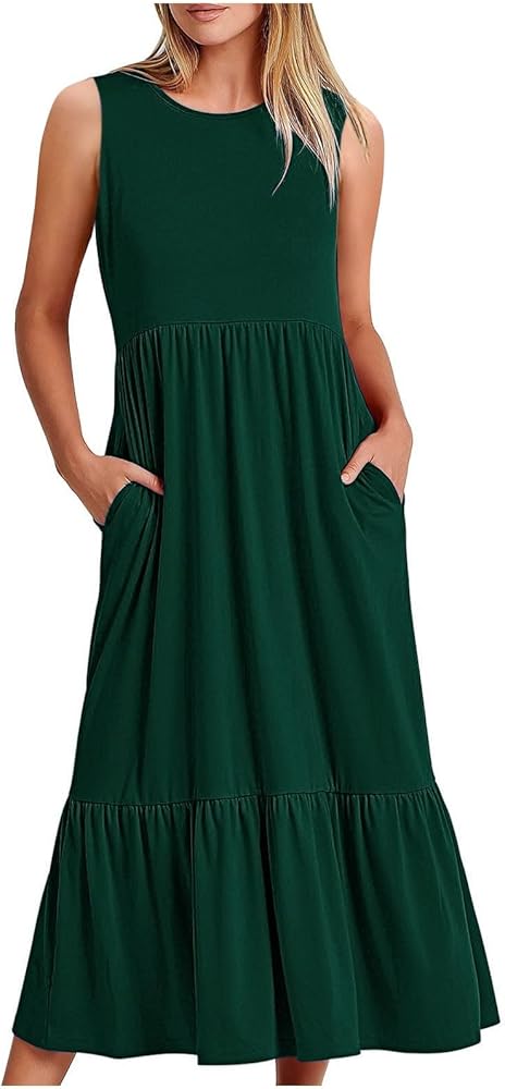JOAU Women's Sleeveless A-Line Swing Tank Dress with Pockets Summer Casual  Round Neck Tiered Ruffle Flowy Maxi Sundresses at Amazon Women's Clothing  store