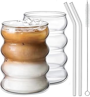 Ework4U 2 Pcs Drinking Glasses with Glass Straw 14oz Glassware Set,Cocktail Glasses,Iced Coffee Glasses,Beer Glasses,Ideal for Water,Soda,Tea,Gift - with Cleaning Brushe