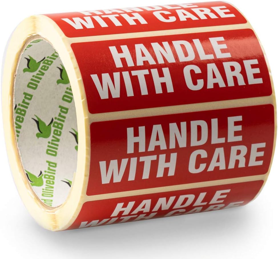 OliveBird 500 Handle with Care Self Adhesive Labels On Roll - Size 90x35mm Glue: Permanent Hot-Melt