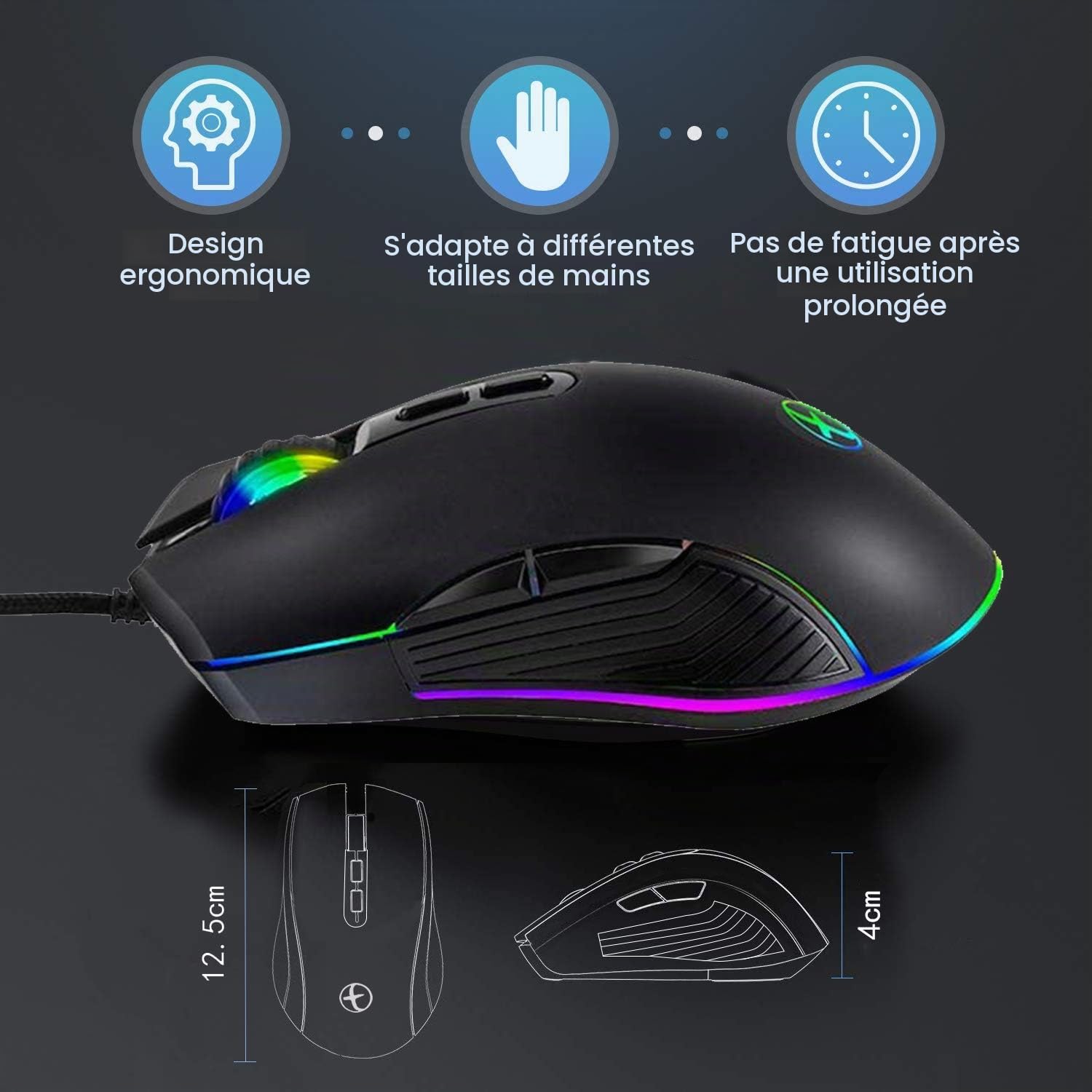 IULONEE Souris Filaire de Type C, câblée Souris USB C Souris Ergonomique de Jeu RVB Compatible avec Matebook, Chromebook, PC Windows et Autres périphériques USB de Type C Noire