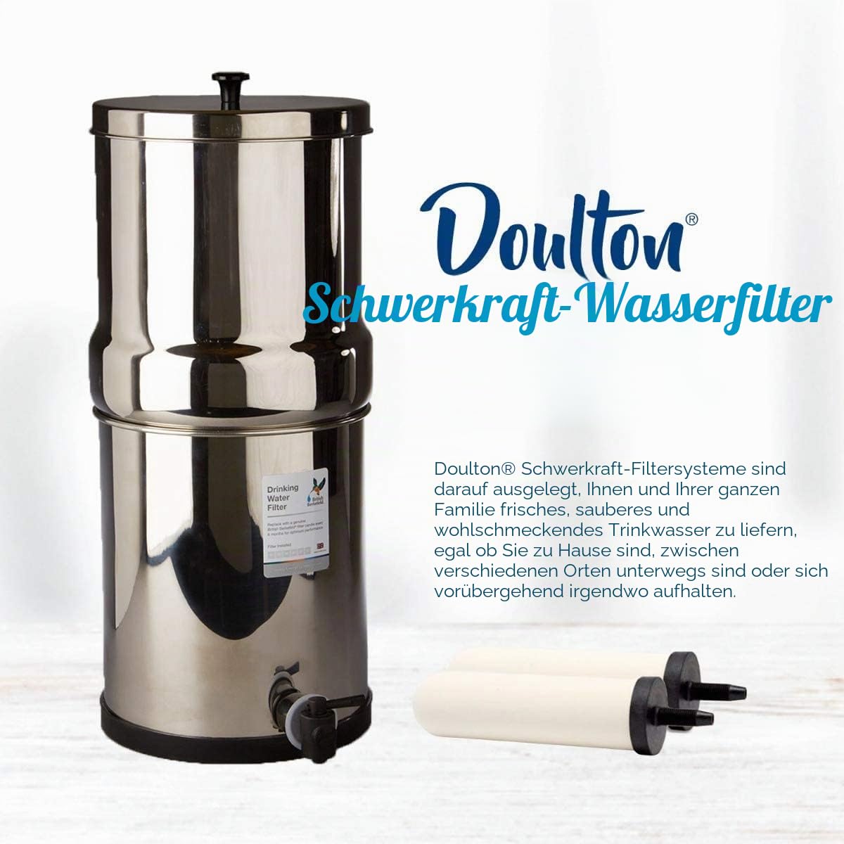 British Berkefeld W9361151 Edelstahl Trinkwasser Schwerkraft Filtergehäuse mit 2 x Keramik ATC Super Sterasyl Wasserfilter Kartusche Kerzen 17.8 cm, silber