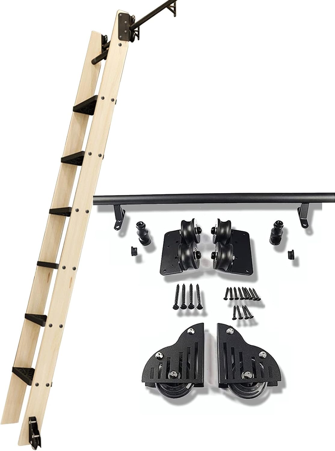 Rolling Ladder Hardware Library Sliding Ladder Hardware Kit 3.3ft-20ft Black Round Track/Rail(No Ladder) Mobile Ladder Track, with Floor Roller Wheels (Size : 16ft/500cm Track kit)