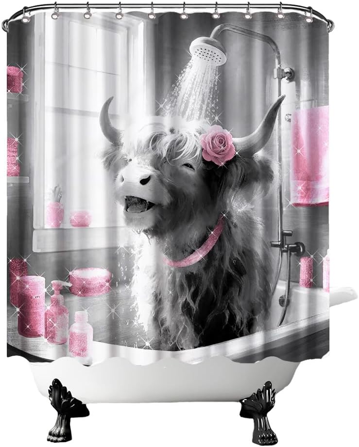 FuShvre Highland Cow Shower Curtain Black and White with Pink Accents Bathroom Curtain Funny Bathroom Decor 72x72 inches with 12 Hooks (Pink)