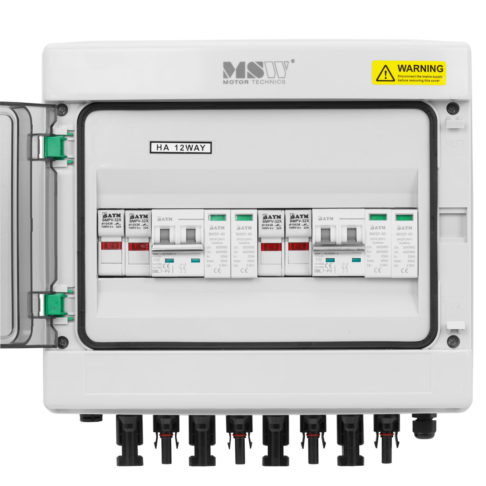 MSW Caja de empalmes con protección contra subidas de tensión para sistema FV tipo 2, 2 entradas / 2 salidas, 600 V, IP65 y protección contra rayos Caja de empalmes FV Caja de conexiones