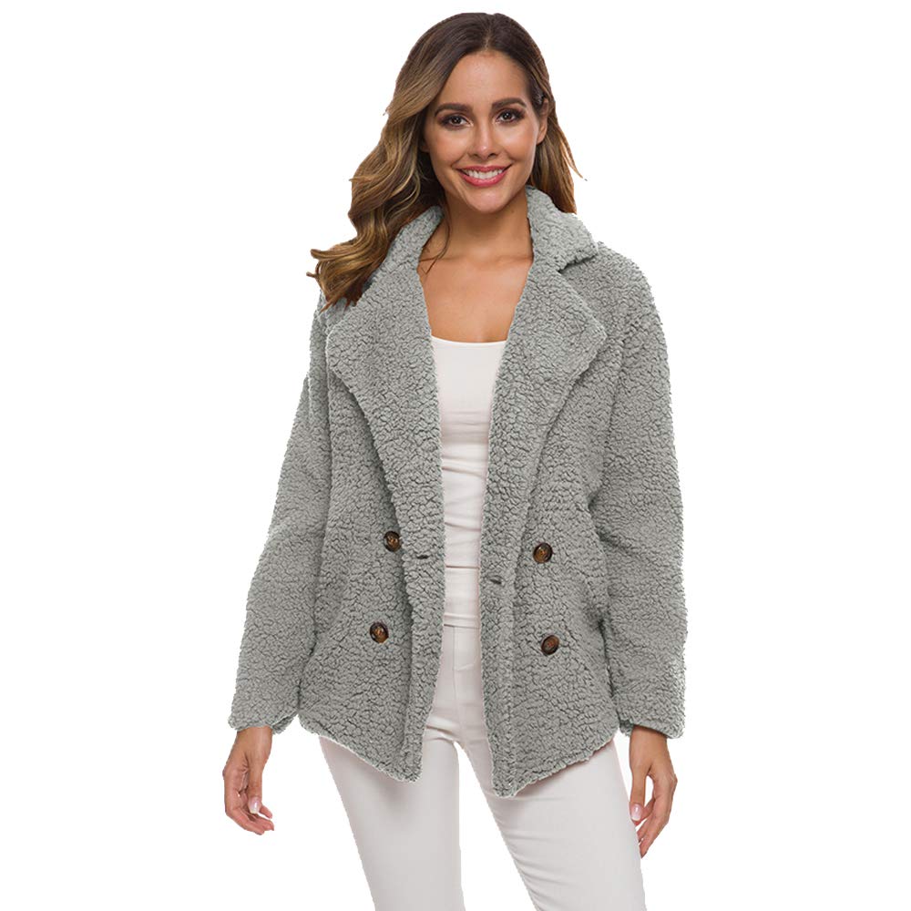 Odokei Women's Light Grey Coat Jacket Faux Fur Coat Teddy Bear Jacket Winter Coats Fluffy Jacket Wool Coats Parka Warm Faux Fur Fleece Fluffy Notch Collar Plain Button Loose M