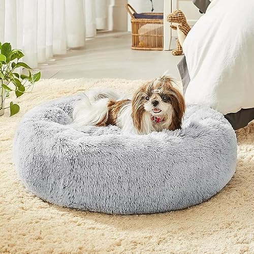 Nyganmelloz Faux Fur Dog Bed & Cat Bed, Original Calming Dog Bed for Small Medium Large Pets, Anti Anxiety Donut Cuddler Round Warm Washable Cat Bed for Indoor Cats(24", Light Grey)