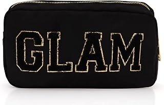 Sage Nation Chenille Letter Makeup Bag- Nylon Cosmetic Preppy Pouch For Travel and Organization, Glitter Cosmetic Bag With Zipper For Women and Children (Glam), Pink, Glam