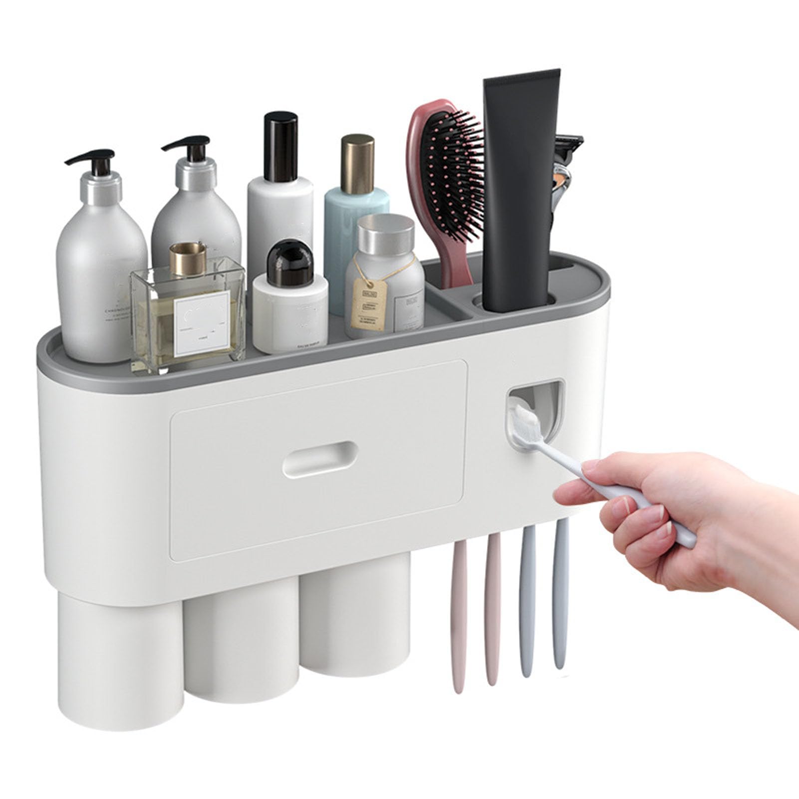 Organizador de Montaje en Pared para Cepillos de Dientes, con Adhesivo para Almacenamiento en el Baño, Sostiene Varios Cepillos de Dientes y Vasos de Enjuague (4 Tazas)