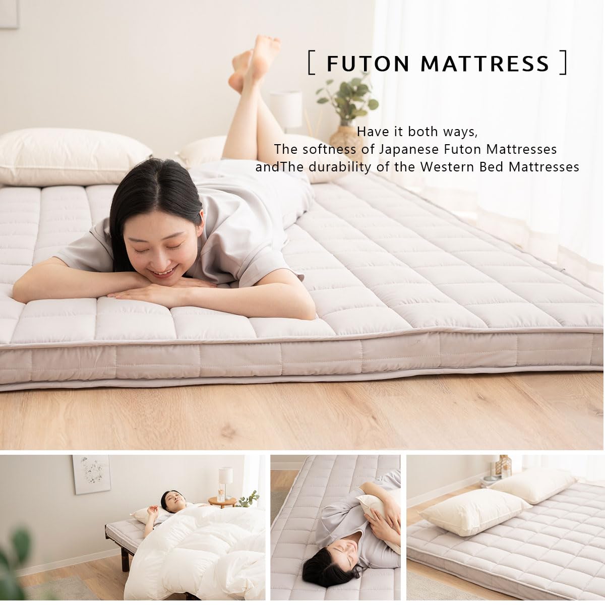 EMOOR Matelas Futon Rembourré Japonais Machi 160 x 202 cm Gris, Stockable Pliable avec Bandes Élastiques Soufflet Lit D'invité Sol Couchage Tatami
