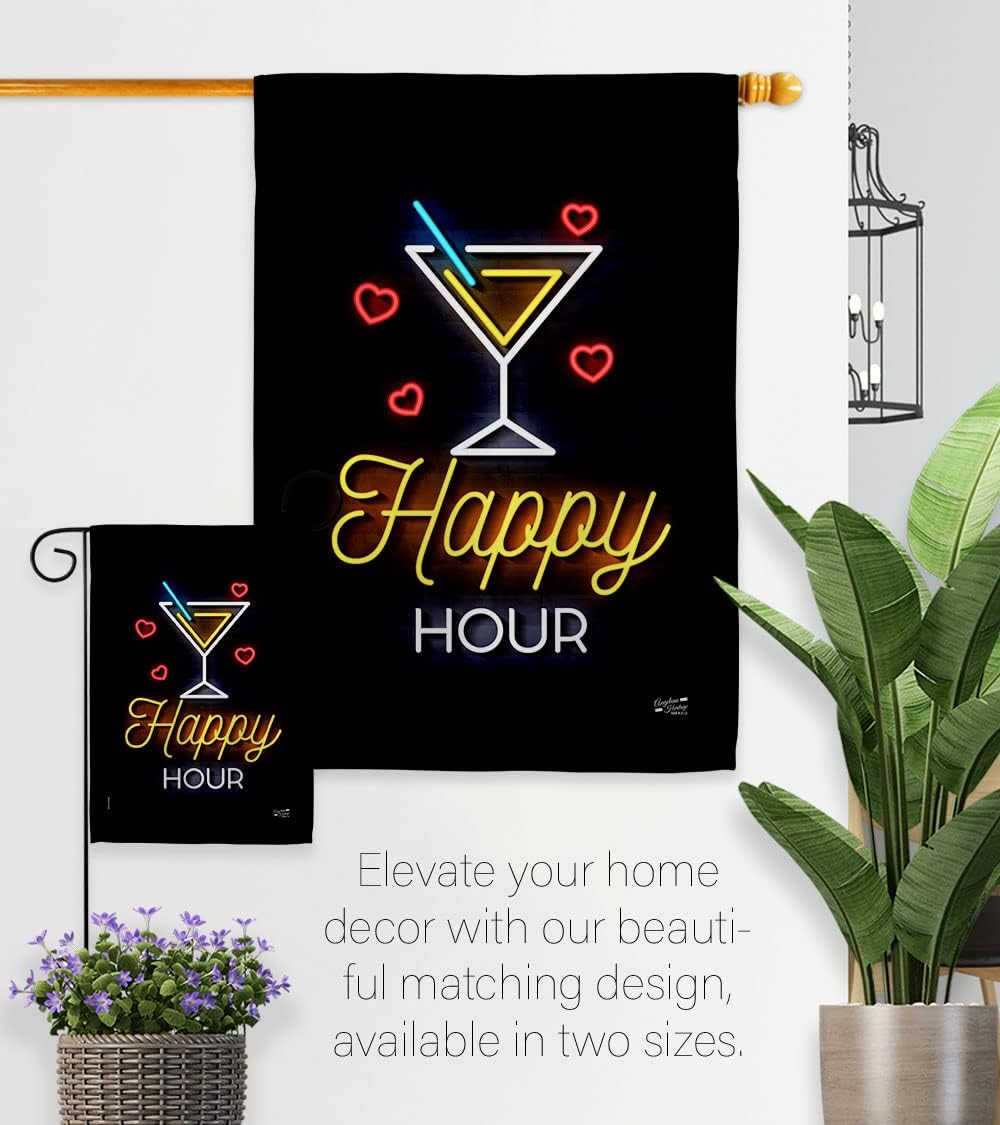 Neon Happy Hour Garden Flag Set with Stand Beverages Party Drinks Celebrate Fun Summer Beach Tropical House Decoration Banner Small Yard Gift Double-Sided, Made in USA