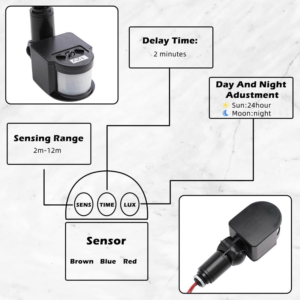 9 Detectores de Movimiento Negros, Interruptor de Luz con Sensor de Movimiento, Sensor de Movimiento Pir de Corriente Continua de 12 V para Exteriores