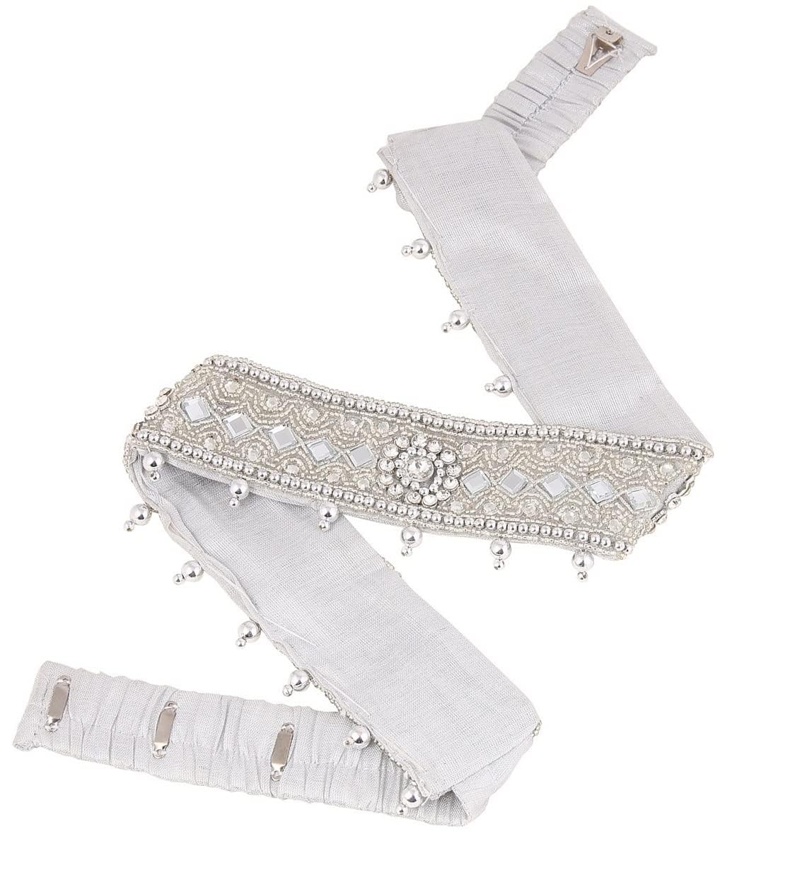 Women Traditional embroidery cloth Saree Waist Body Silver Belt stretchable Kamarpatta kamarband Saree (Adjustable Size 30-40 inches)