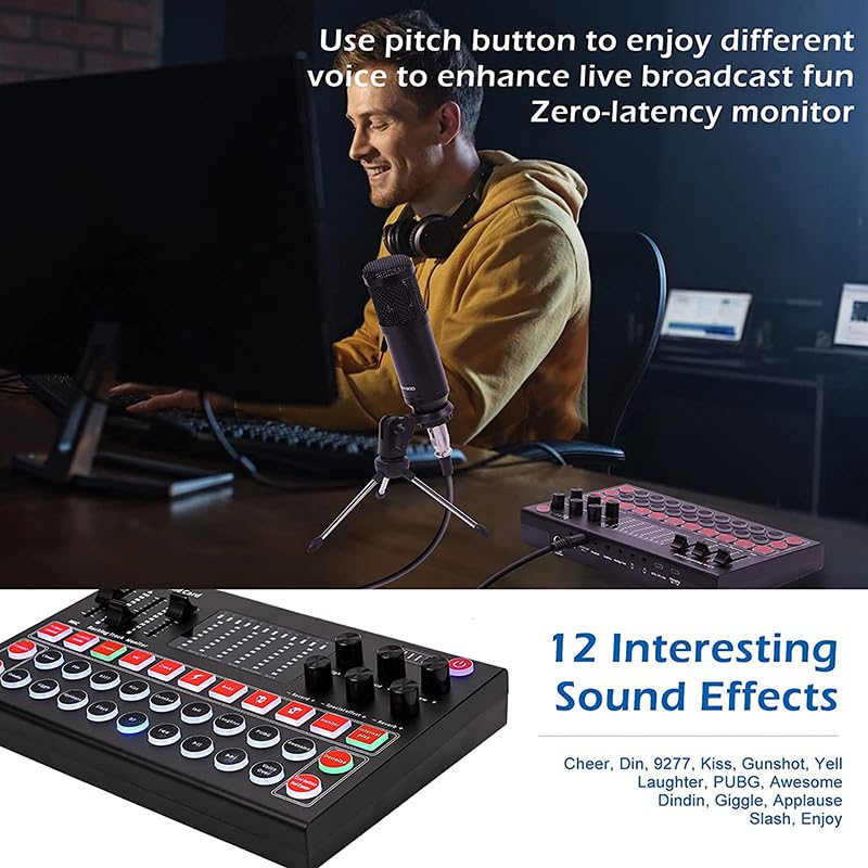 Mezclador de audio Tablero mezclador de sonido, cambiador de voz de tarjeta de sonido en vivo con múltiples efectos de sonido y luz LED