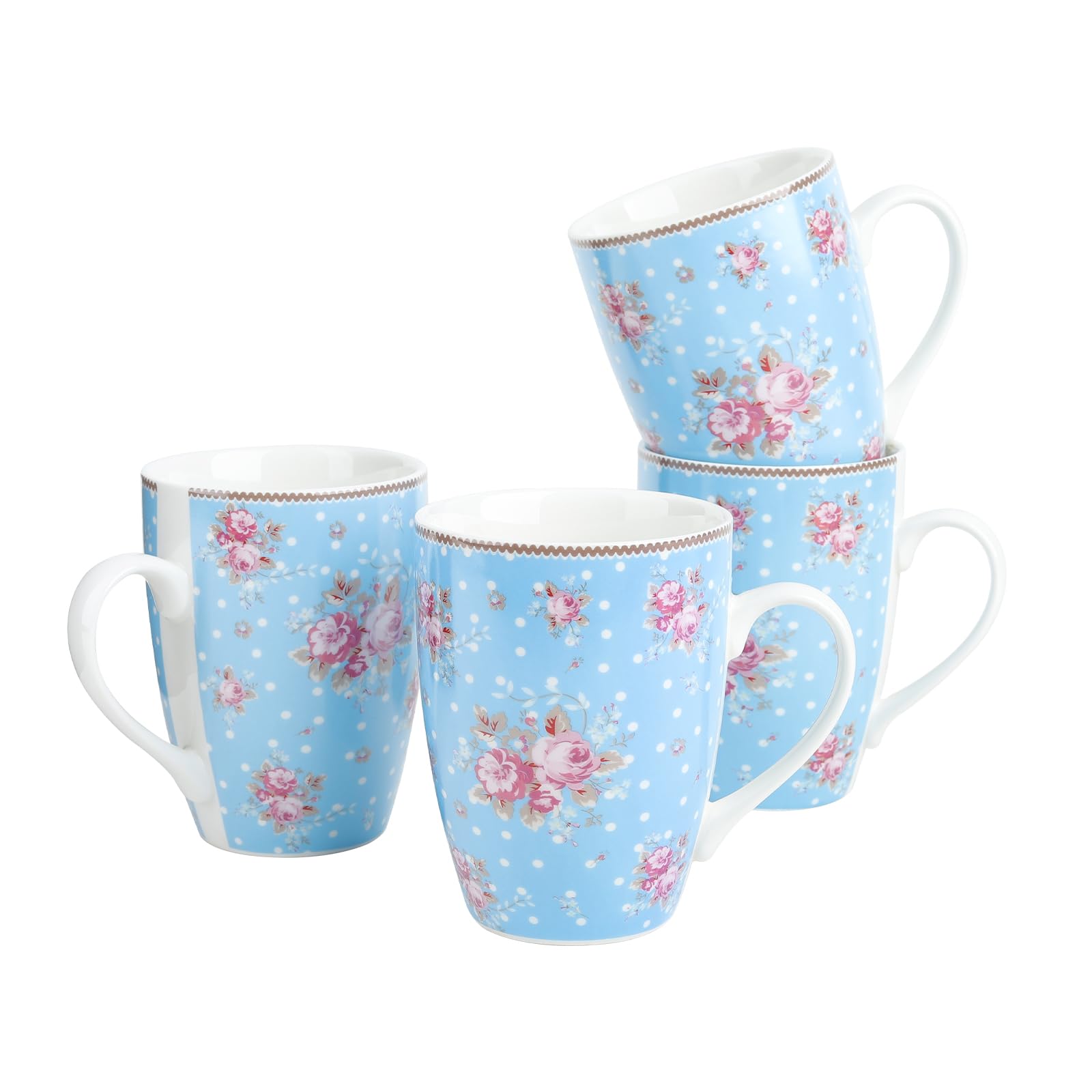 fanquare 300ml Blue Floral Ceramic Coffee Mugs Set of 4