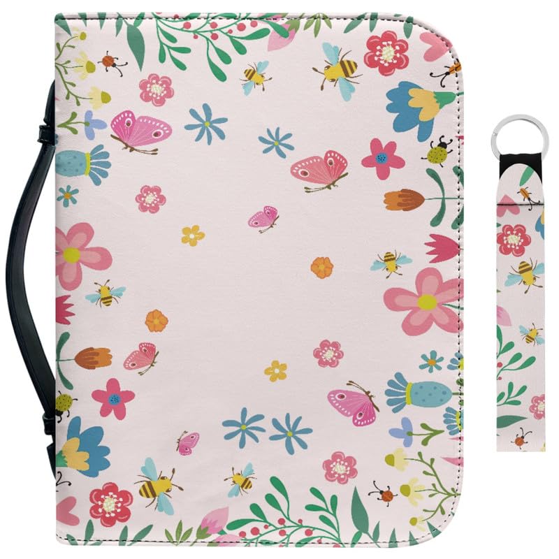Garronmavis Boho Butterfly Bible Cover for Boy Men Bee Flowers Bible Carrying Bag, Floral Butterflies Bible Case with Keychain - M