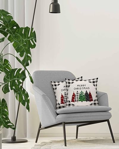 Miniatura 4 de Juego de 2 fundas de almohada de Navidad de 18 x 18 pulgadas, fundas de cojín suaves de color blanco y negro, a cuadros, para sofá, dormitorio,