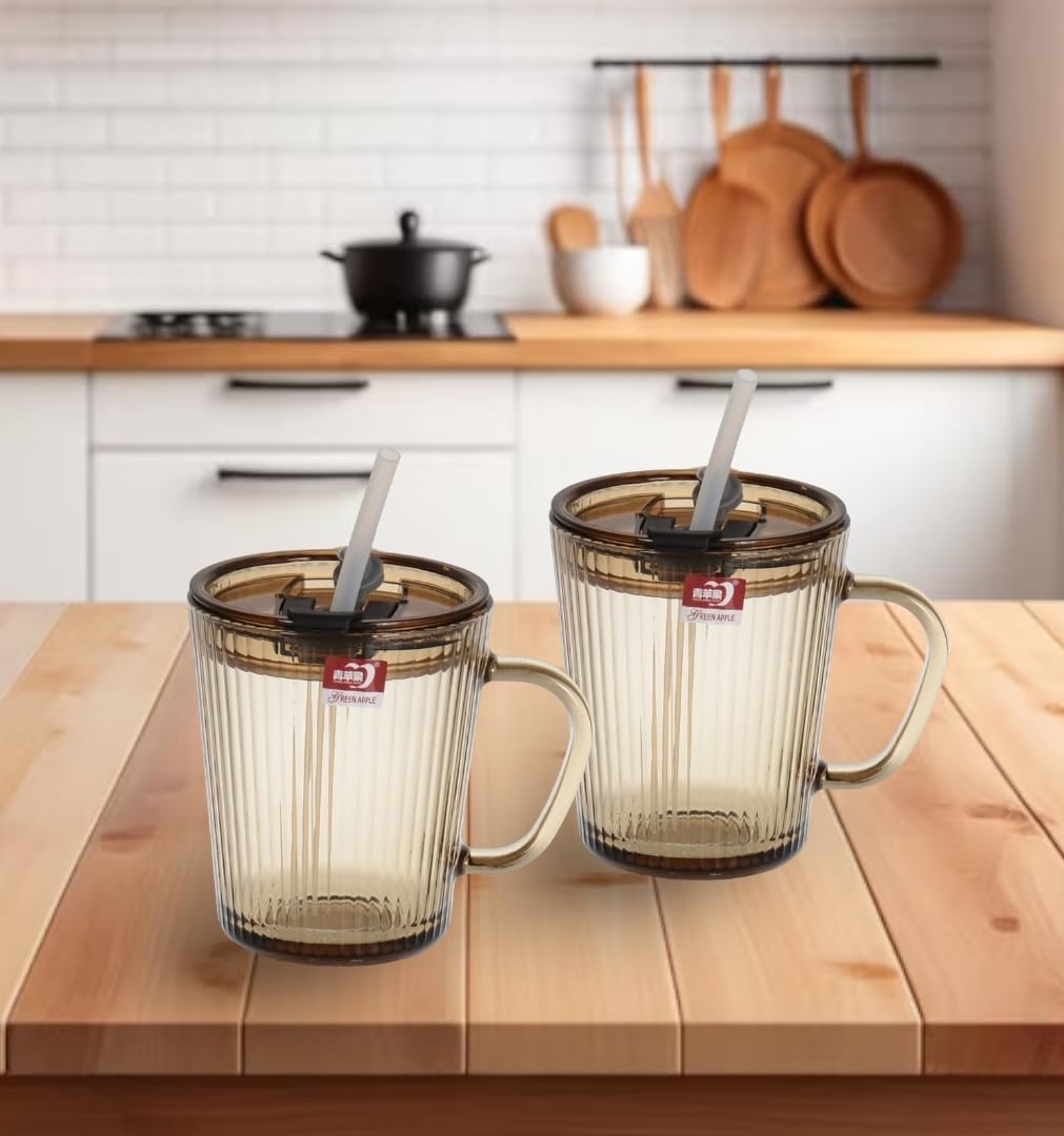 Kapaklı Pipetli Cam Kupa Bardak Çay Kahve Meşrubat Tatlı Bardağı Kahverengi 370 ml