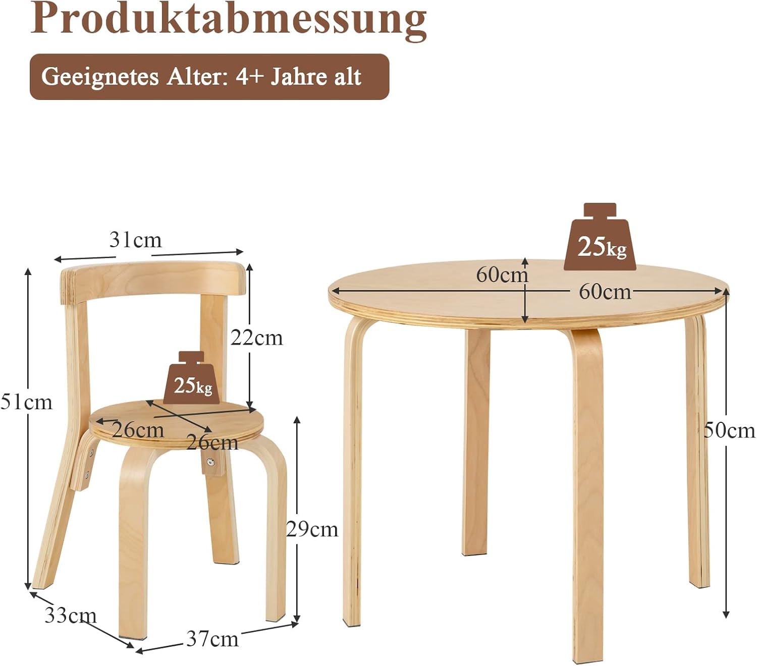 DREAMADE Kindertisch mit 4 Stühlen, Kindersitzgruppe aus Massivholz, Kinder Tisch Stuhl Set, Kindermöbel Set, Sitzgruppe für Kinder Mädchen und Jungen (Natur)