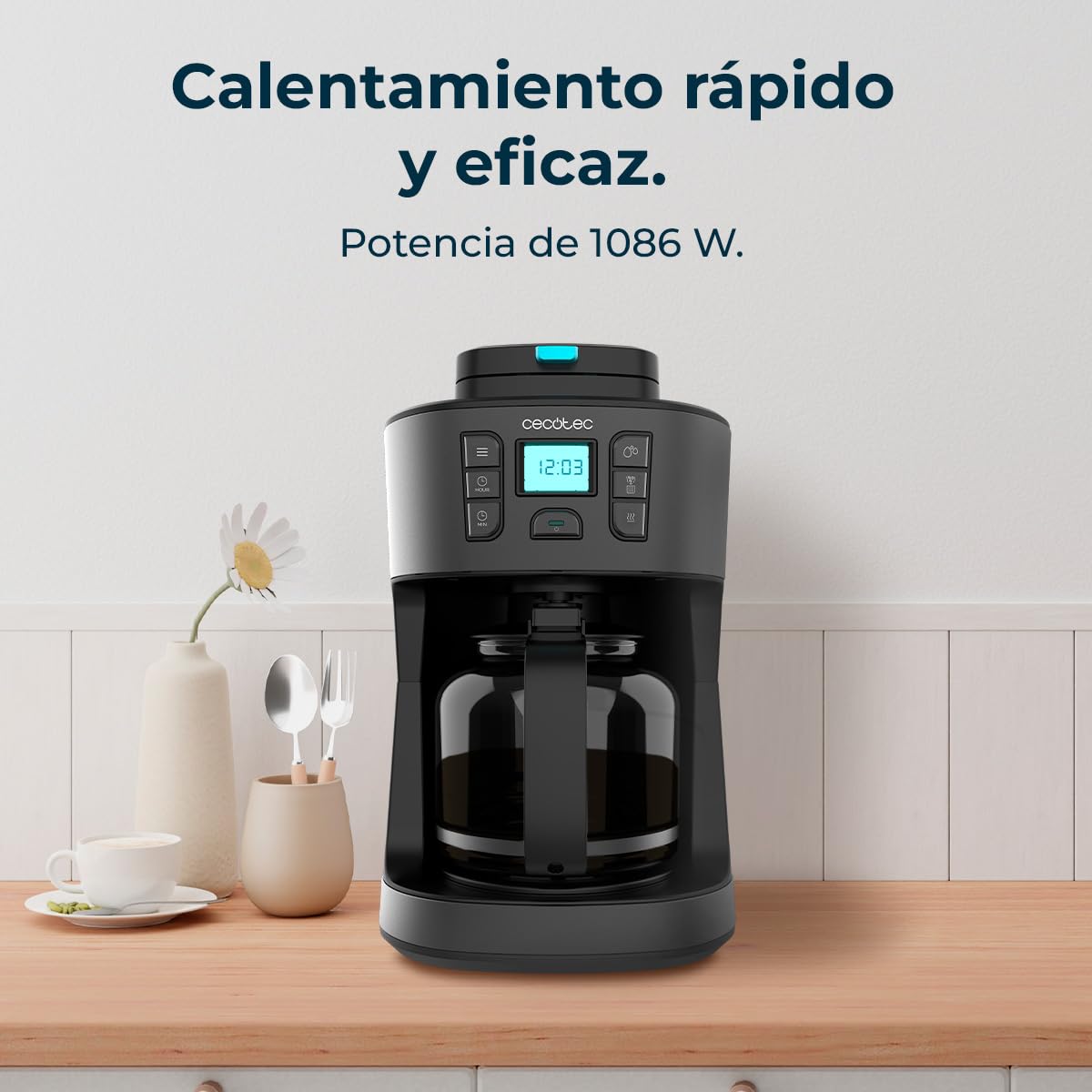 Cecotec Cafetera de Goteo Coffee 66 Grind & Drop Essential. 1086W, Molinillo de Cuchillas, Hasta 12 Tazas, Tecnología Extremearoma, Cafetera de Goteo Digital, Acero Inoxidable, Apagado Automático