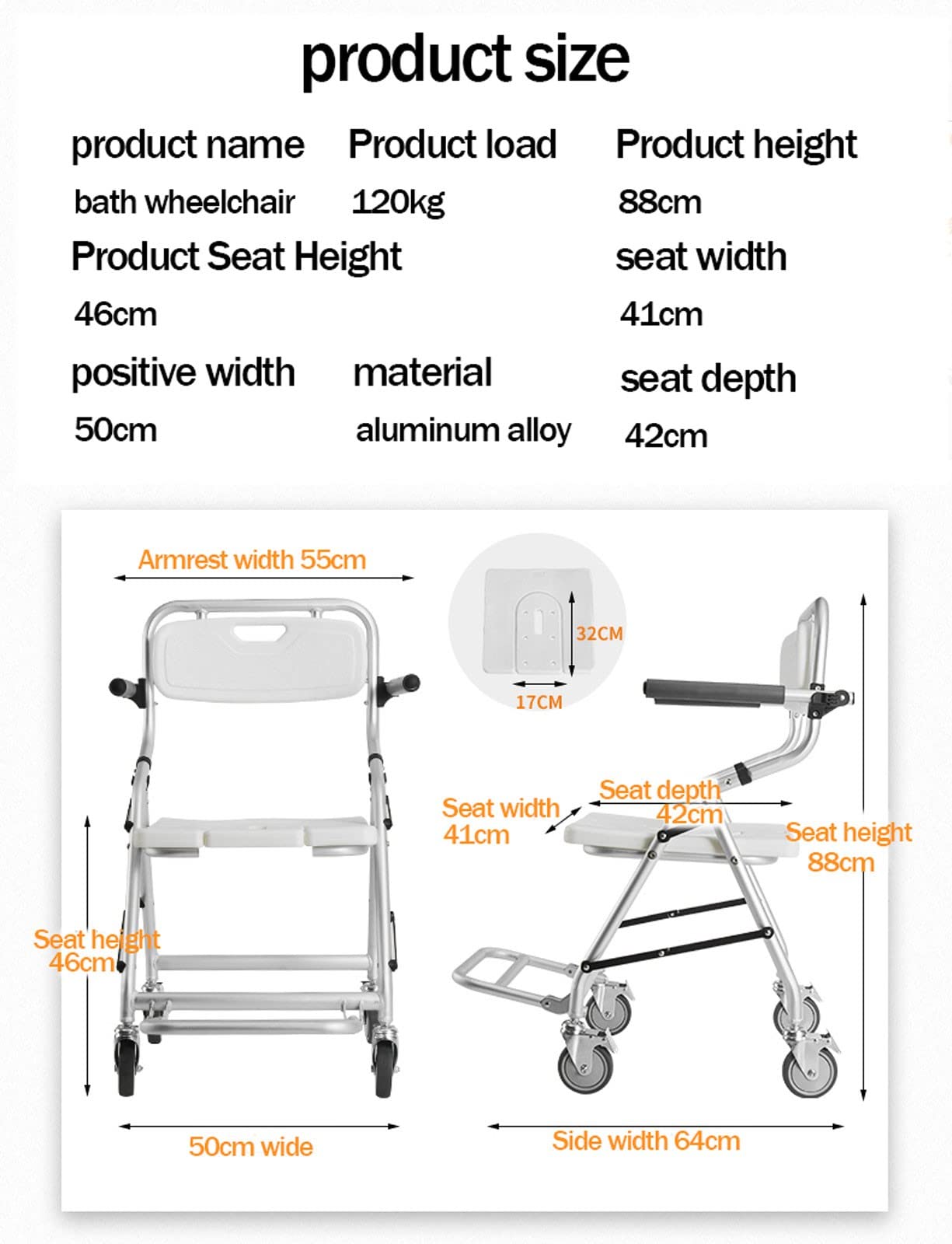 Silla para Ducha con Ruedas, Taburete de Ducha Plegable con Rueda de Freno Giratoria de 360° y Diseño Hueco en Forma de U, Silla de Baño para Ancianos y Mujeres Embarazadas, Aleación de Aluminio
