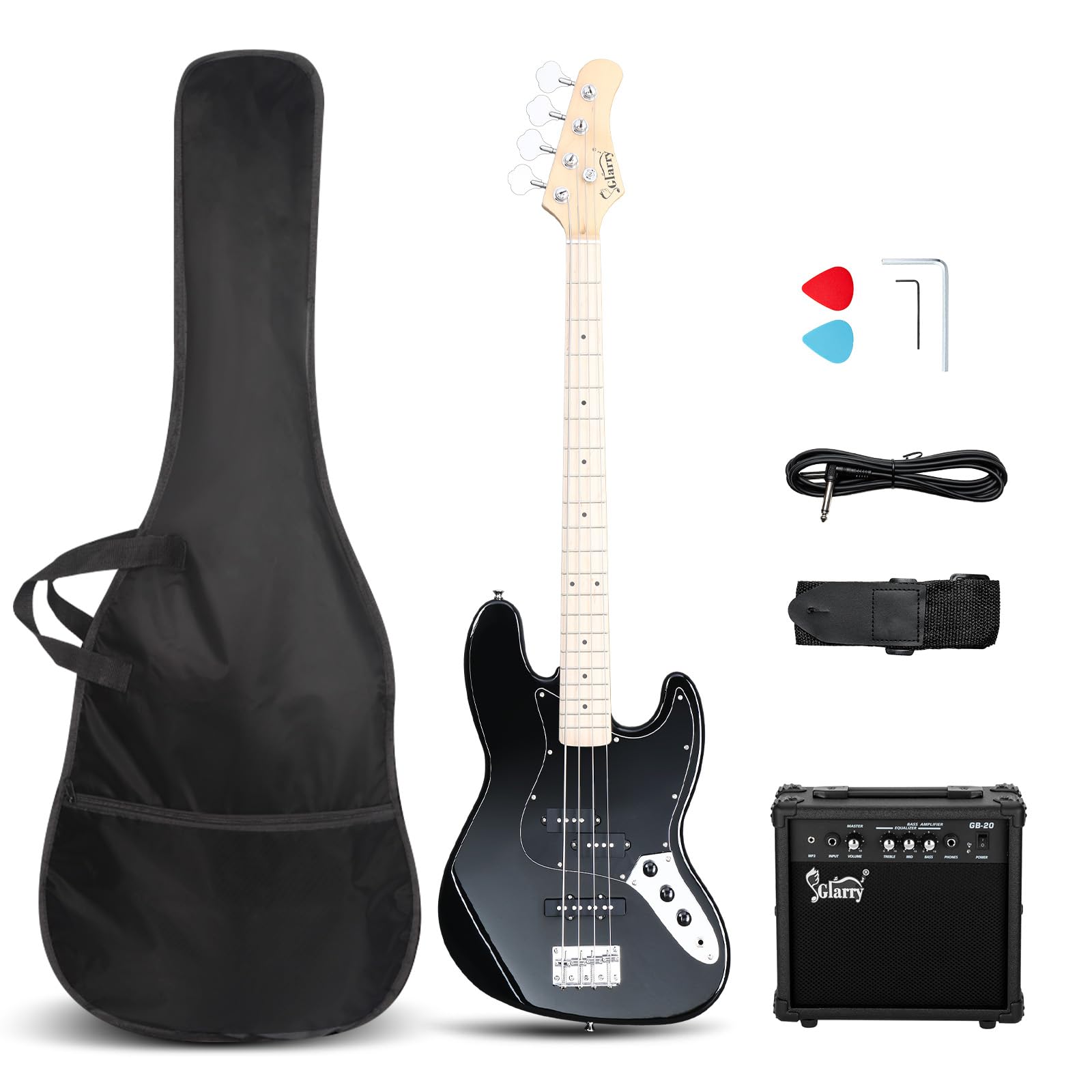 GLARRY Bass Guitar Full Size 4 String Exquisite Stylish Bass with Guitar Bag Power Line and Wrench Tool (Blue, With AMP)