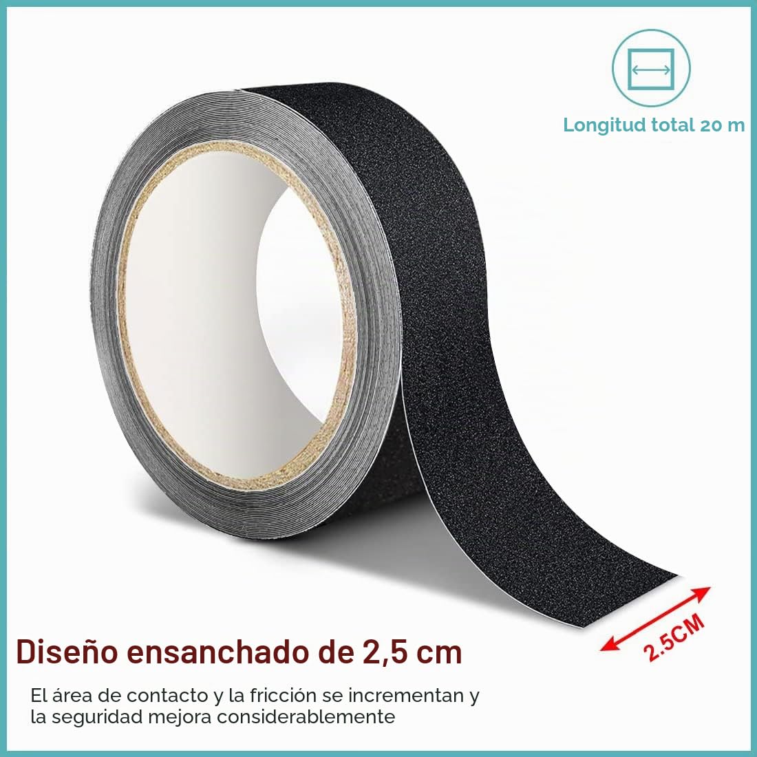 Antideslizante Cinta Adhesiva Negra 2.5cm*20m Cinta de Seguridad Alta Tracción Fuerte Apretón Abrasivo, Tiras Antideslizante para Escalones, Rampas y Suelos Interiores y Exteriores