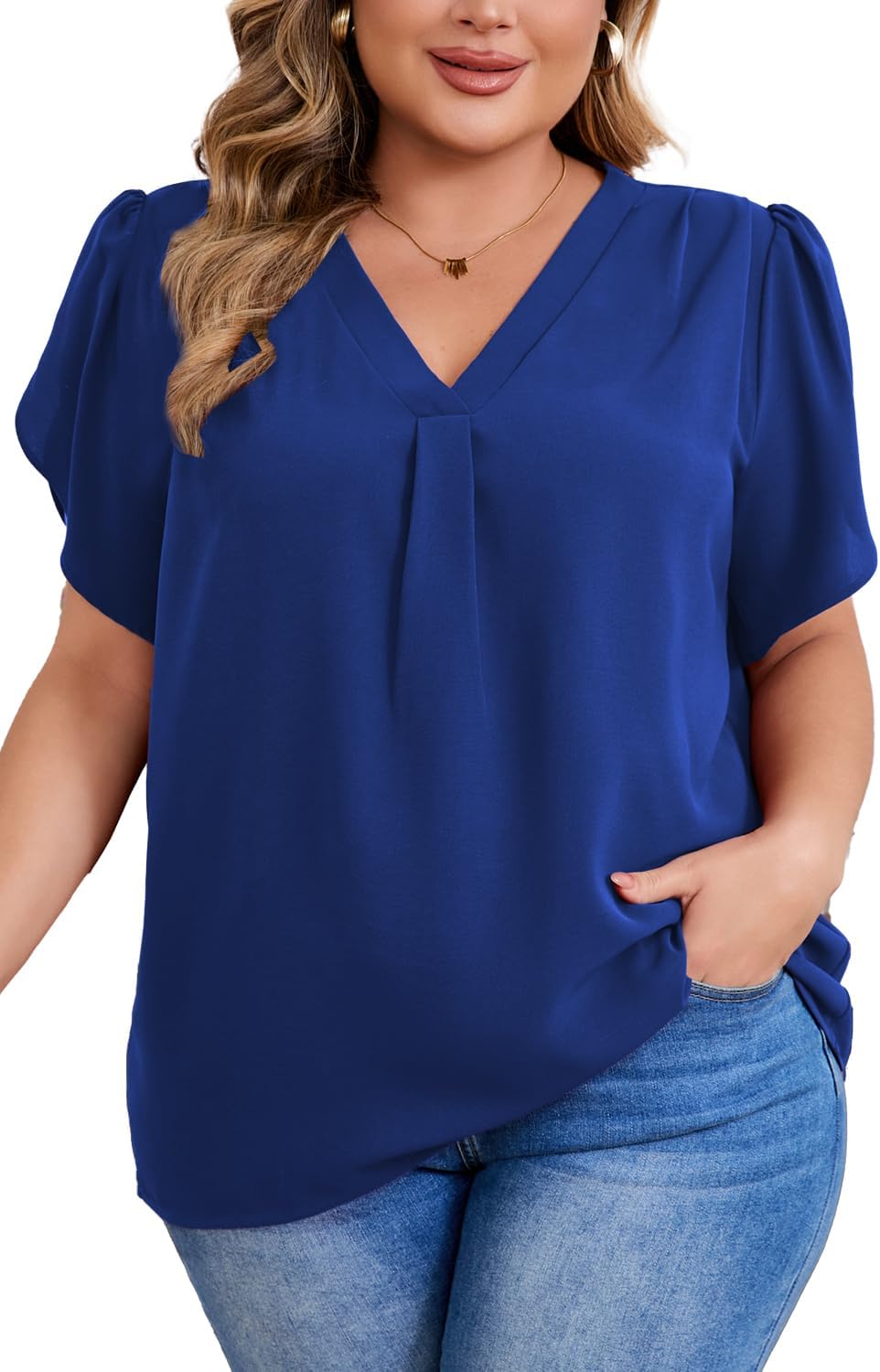 Women's Plus Size Casual Blouses Solid Business Work Tops Petal Short Sleeve V Neck Loose Fit T Shirt Summer Trendy 2026