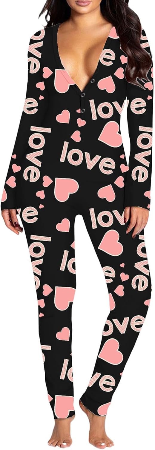 Thopavenoir Women Christmas Pajamas Valentine's Day Pajama Long Sleeve One Piece Bodycon Jumpsuit Ugly Pjs Party Clubwear