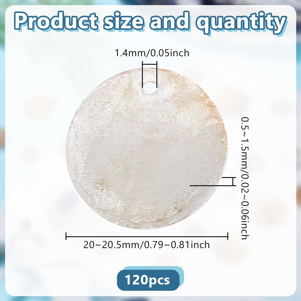 120 ciondoli piatti rotondi a conchiglia 20 – 20,5 mm bianchi Capiz, conchiglie di madreperla naturale, per orecchini, collane, gioielli, foro: 1,4 mm, Capiz Shell