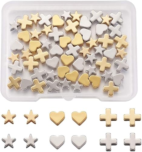 Craftdady 60 cuentas espaciadoras de estrella de crucifijo de 3 estilos, cruz y corazón, platino, oro, diminutas cuentas de latón sueltas para hacer