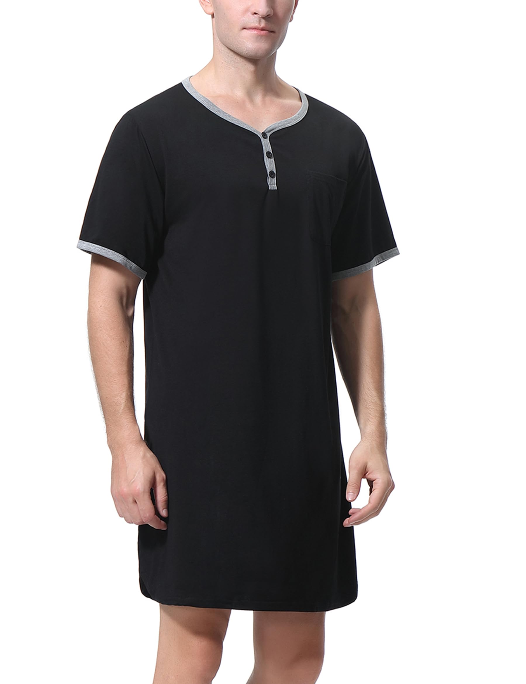Sykooria Mens Nightshirt Short Sleeve Pajama Top Nightwear Henley Shirt Button Down Sleepwear Lightweight Cotton Soft Nightgown for Home Hospital(Black,S)