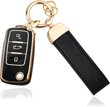 OLLEN Soft TPU Key Fob Cover with Keychain, Fit for VolksWagen VW Jetta Golf Polo MK6 Passat Tiguan Beetle Polo MK7 Passat Cross Gran Sagitar Santana Bora Skoda, for Flip Key Fob, 3 Button, Black
