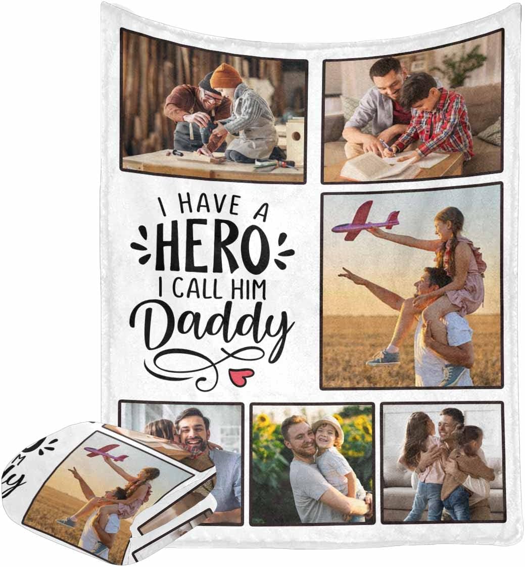 LOSARON Personalized Fathers Day Blanket I Have a Hero I Call Him Daddy 6 Photos Throws Blankets with Photo Custom from Daughter Son Personalized Gifts Blanket for Father Dad Birthday 60x80