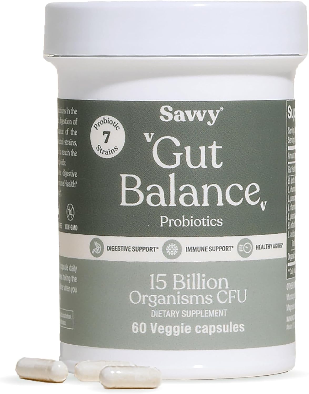 SAVVY Gut Balance Probiotics for Women & Men, 15 Billion CFU, 7 Clinically Studied Strains, Digestive Health, Immune Support, Bloating Relief, 60 Vegan Capsules, Non GMO, Sugar-Free