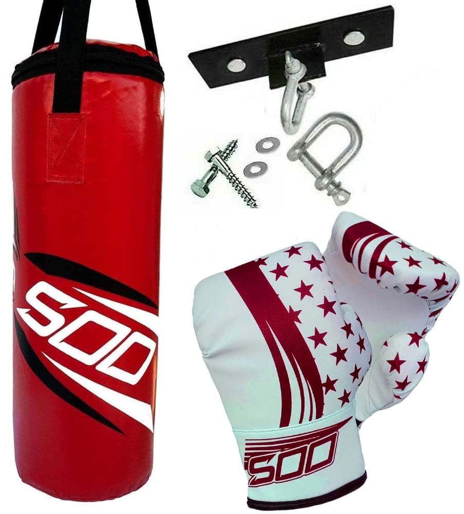 Kids Punching Bag Set, Unfilled Junior Kick Boxing Bag Kit with Gloves Pads & Hanging Ceiling Hook,Heavy Duty Punch Bag for Youth MMA, Martial Art Thai Training (Red)