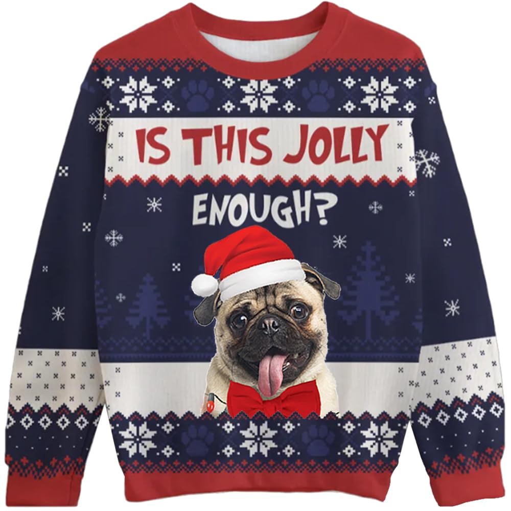 Pug Dog Ugly Christmas Sweater Printed Pullover, Dog Enough Xmas Sweater Christmas Sweatshirts, Novelty 3D Graphic Print Sweatshirt Crewneck Long Sleeve Shirt for Men Woman Multi Color