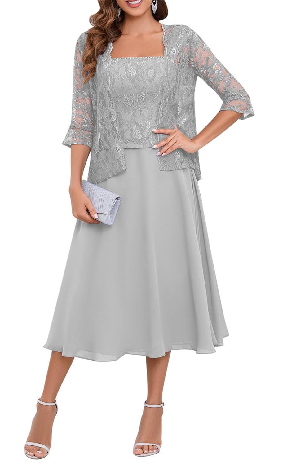 Yiann Women's Silver Tea Length Mother Of The Bride Dresses For Chiffon Lace 2 Pieces Wedding Guest Dress Formal Gown Uk32