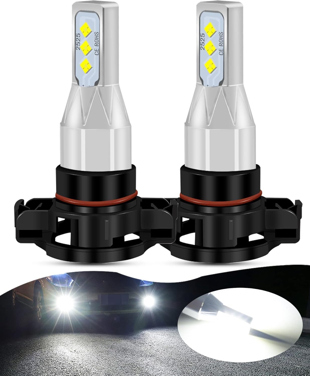 HOCOLO 2x L2 5202 H16 PS24W 6000K Fog Light Bulbs Set, 6000LM 6-2525-SMD Ceramic Lamp Beads, Plug and Play Fog Lamps Replace Bulb for Cars Vehicle ATV/UTV OFF ROAD LIGHT (White, 5202/H16/PS24W)