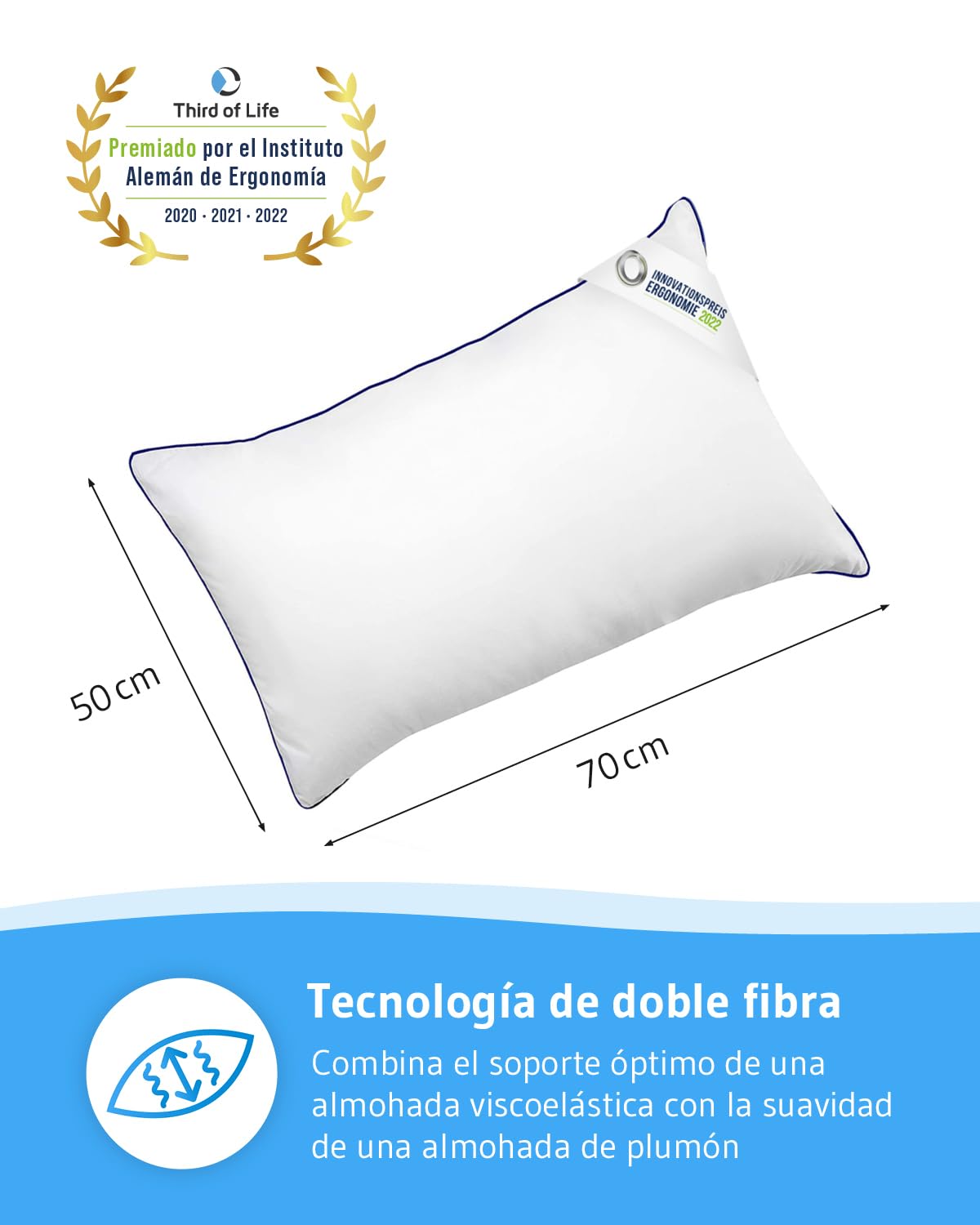 Third of Life Almohada 50x70 inSPIRO para Dormir de Lado, Boca Arriba o Boca Abajo | Almohada sensación de Hotel | Lavable a máquina - Higiene óptima | Calidad Europea | Cojín 50 x 70