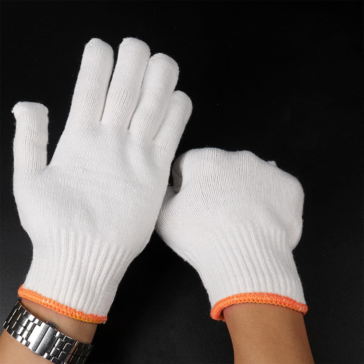 INOOMP Moufles Antidérapants en Fil de Coton Blanc Lot 24 Paires pour Manutention Industrielle et Travaux Manuels Bordure Orange Résistante