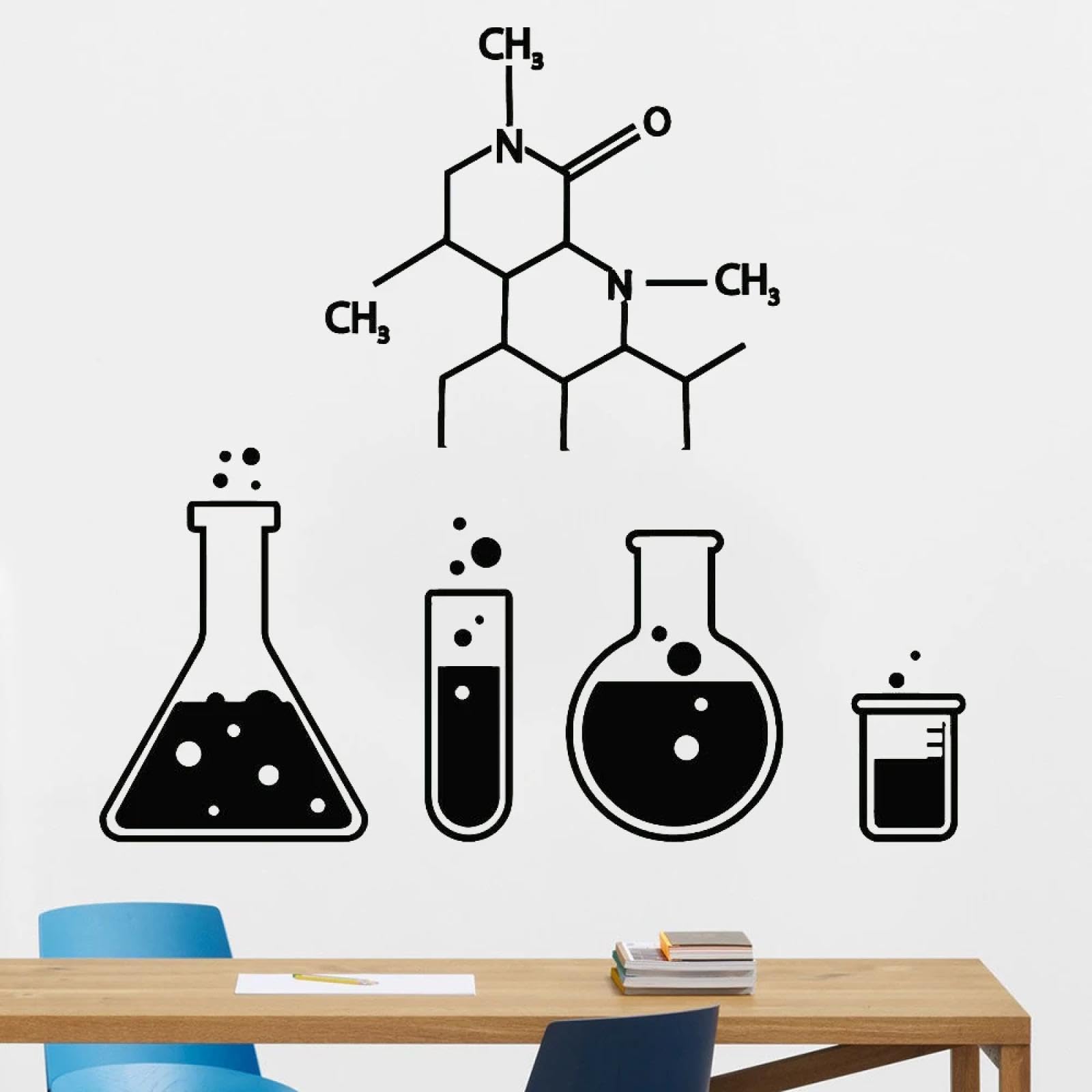 Pegatinas de pared de laboratorio con tubos de ensayo y frascos de química para escuelas