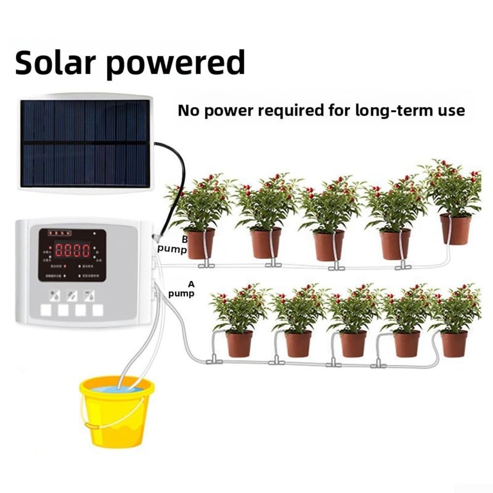 Temporizador de riego solar con bomba doble, sistema automático de riego por goteo con alertas de voz, batería de respaldo para balcón, jardín, oficina