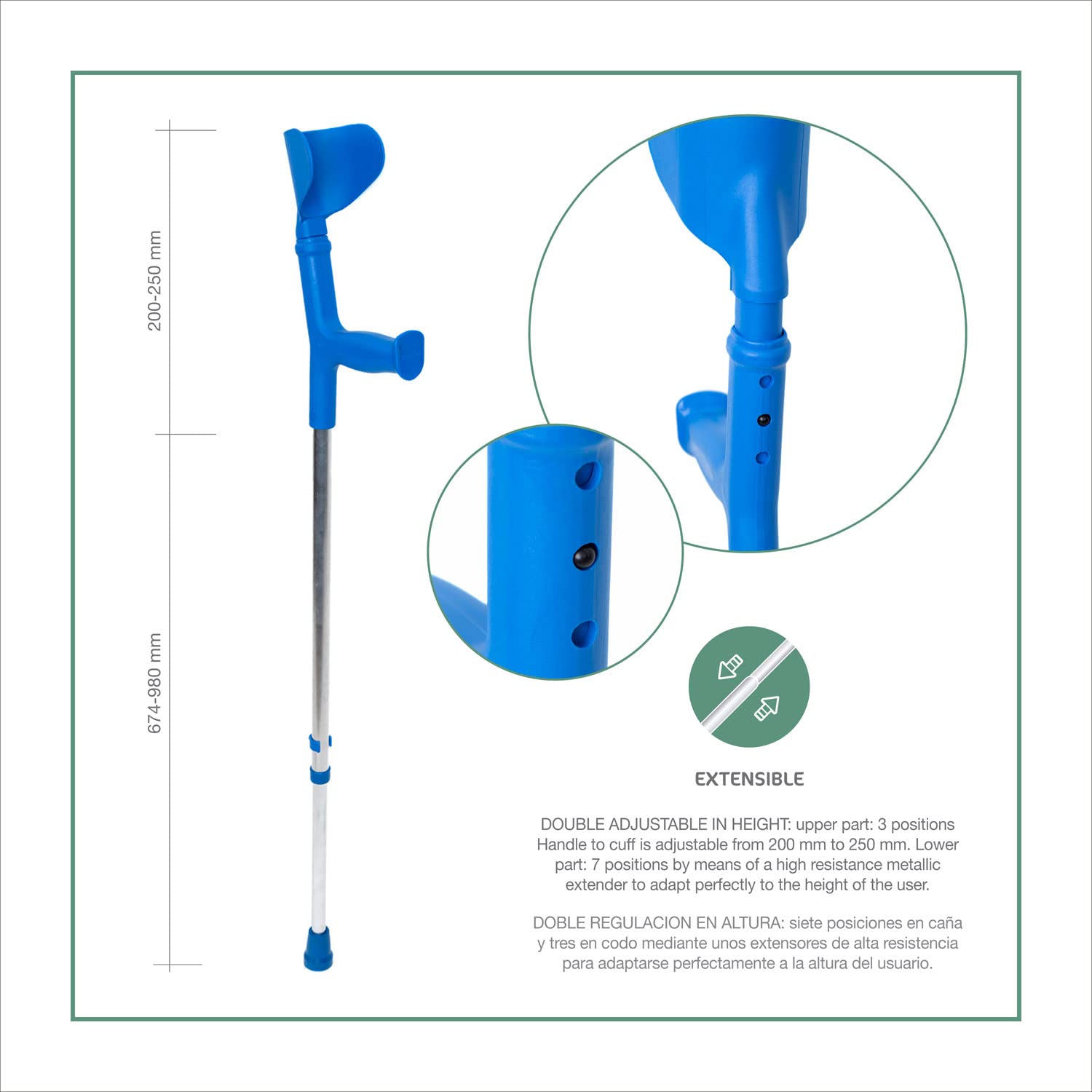 Muletas Adulto Regulables Aluminio (2 uds, Azul) – Ajuste Rápido con Clip, Contera Antideslizante, Empuñadura Anatómica, Soporta 125 kg, Fabricado en España