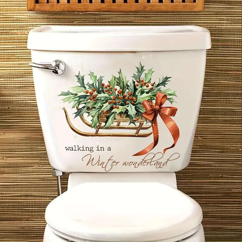 Christmas Sleigh Toilet Cover Sticker Decals,Fish Bird Flower Leaf Waterproof Toilet Lid Tank Seat Decals Cistern Self-Adhesive Bathroom Wall Sticker
