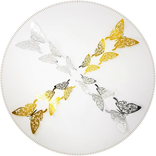 Danaidae Serial G - Decoración de pared de mariposa plateada dorada, paquete de 24 unidades, combo de tinta negra, calcomanía de pared de mariposa