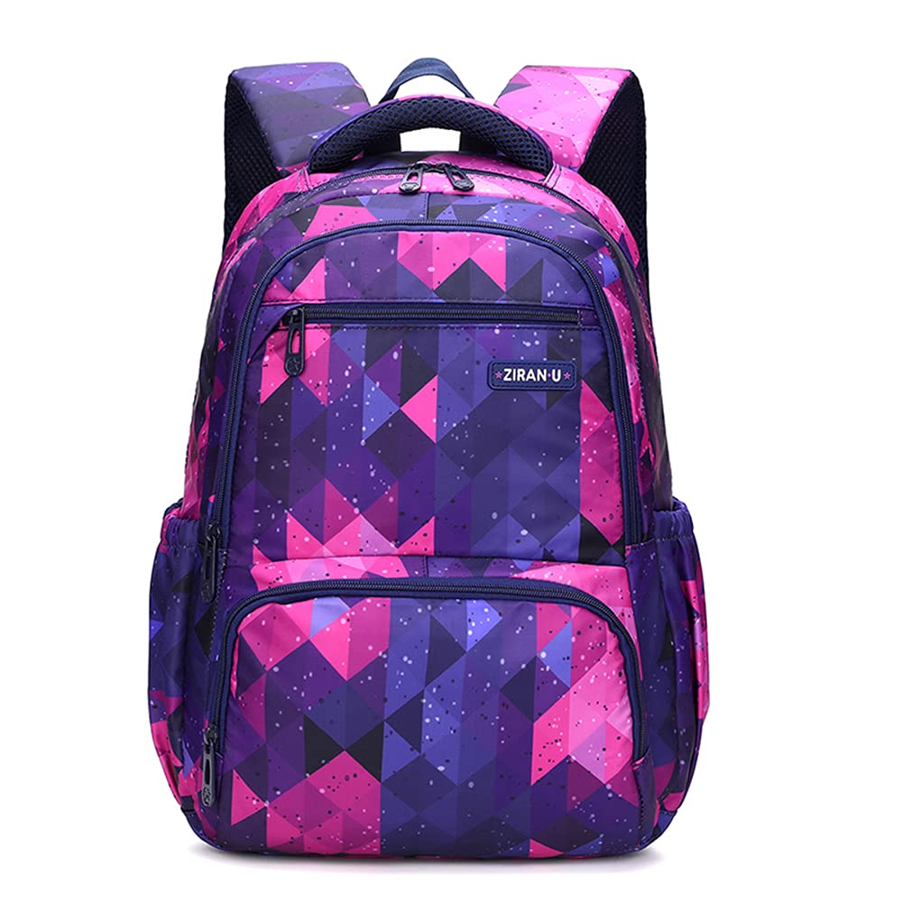 A vibrant backpack with a geometric pattern in purple, pink, and blue, featuring multiple zippered compartments and side pockets—perfect for backpacks for elementary schoolers. The brand label "ZIRAN·U" is visible on the front.