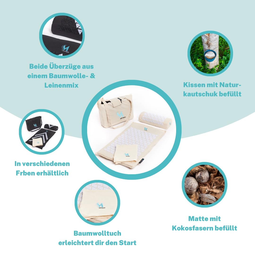 Akupressurmatte (Schwarz) - Das ORIGINAL von MARTneck -Natur Set Kokosfaser mit Kissen, Tuch und Tasche - Akupressurmatte zur Massage und Entspannung von Rücken und HWS