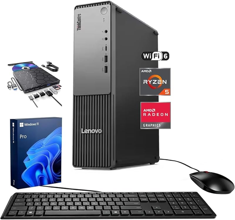 ThinkCentre Neo 55s Business SFF Desktop, AMD Ryzen 5 220 up to 4.9 GHz, 16GB DDR5, 512GB SSD, Support 2-Monitor 4K, HDMI, DP, Wired KB & Mouse, Wi-Fi 6, Windows 11 Pro, External DVD Bundle